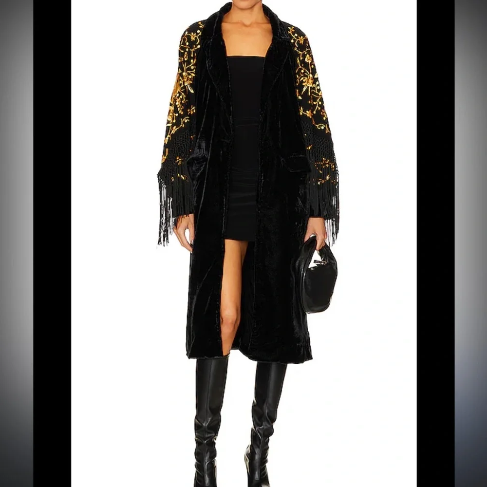 Free People Bali Rosalina Duster, Black Velvet, Gold Embroidery, Fringe Sleeves - Picture 8 of 9